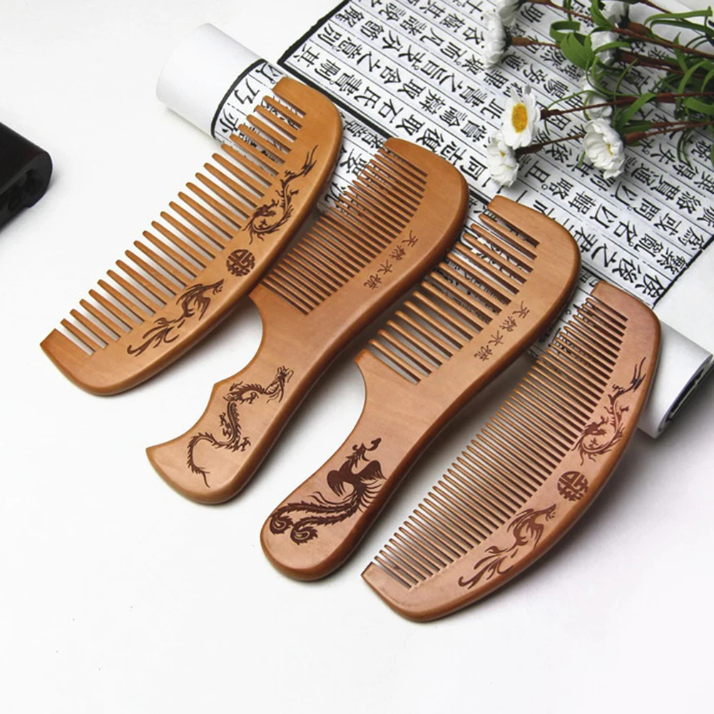 Dragon Phoenix Engraved Handmade Natural Peach Wood Comb Healthy Massage Anti-Static Hair Care Styling Tools | Красота и здоровье