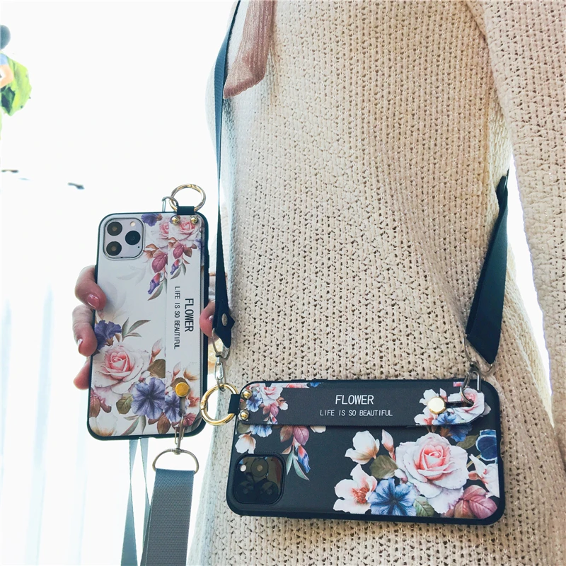 A51 A71 A31 Чехол Crossbody Leaf Flower Soft Wristband Holder Cover для Samsung S20+ Note 10 Lite A41 A50 A70 A30 S8 S9 S10 S20 on.