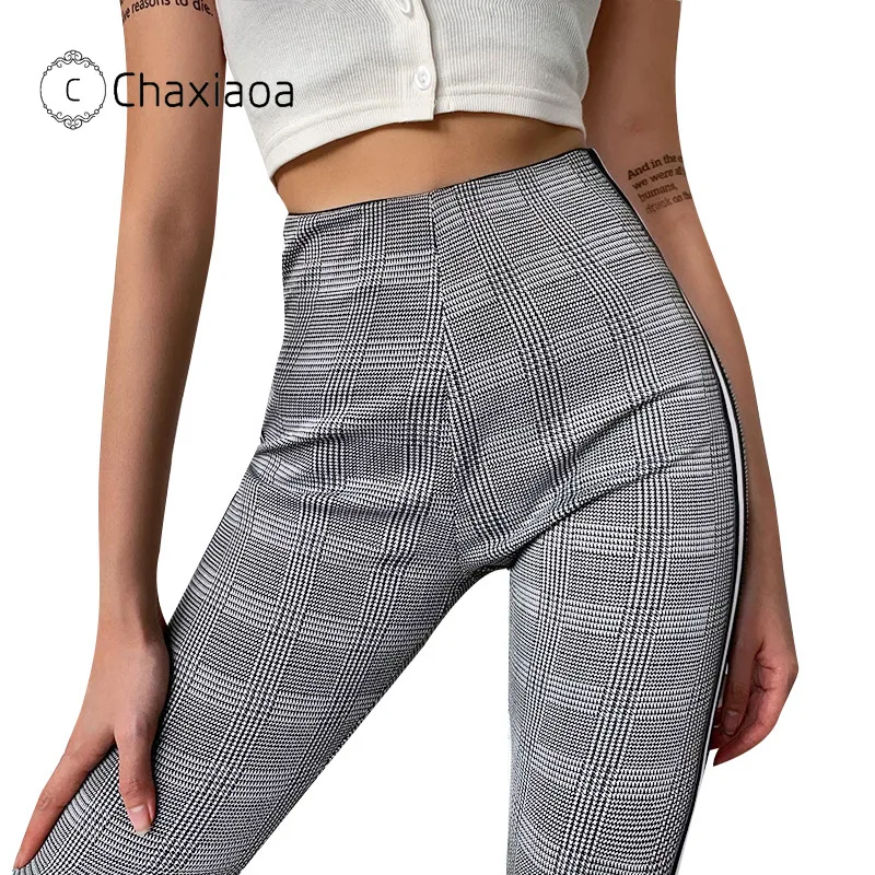 CHAXIAOA серые белые клетчатые брюки женские спортивные с полосками по бокам