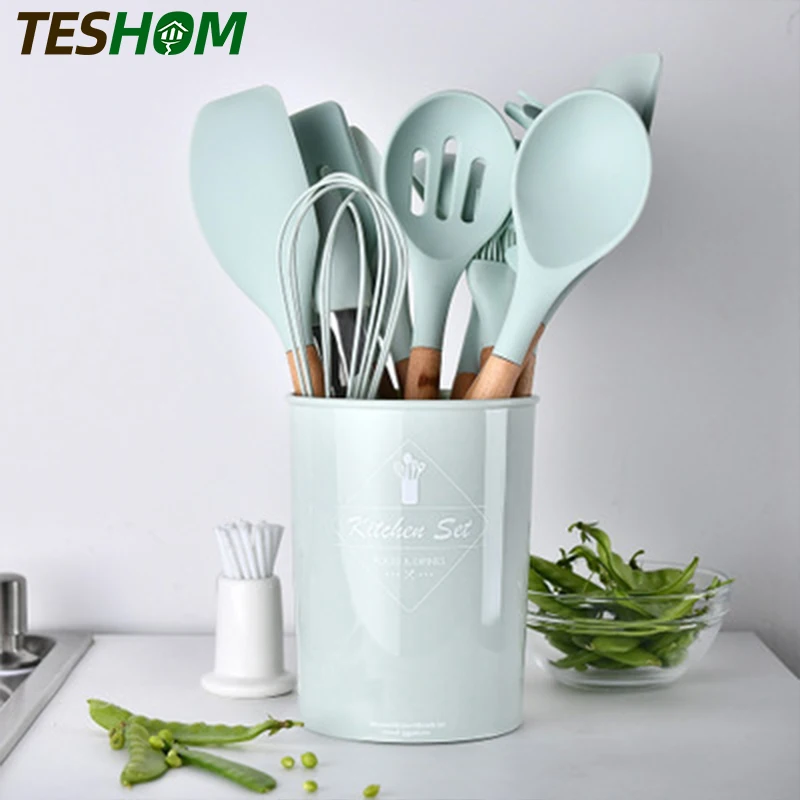 1 шт. синяя силиконовая лопата с деревянной ручкой высокотемпературная