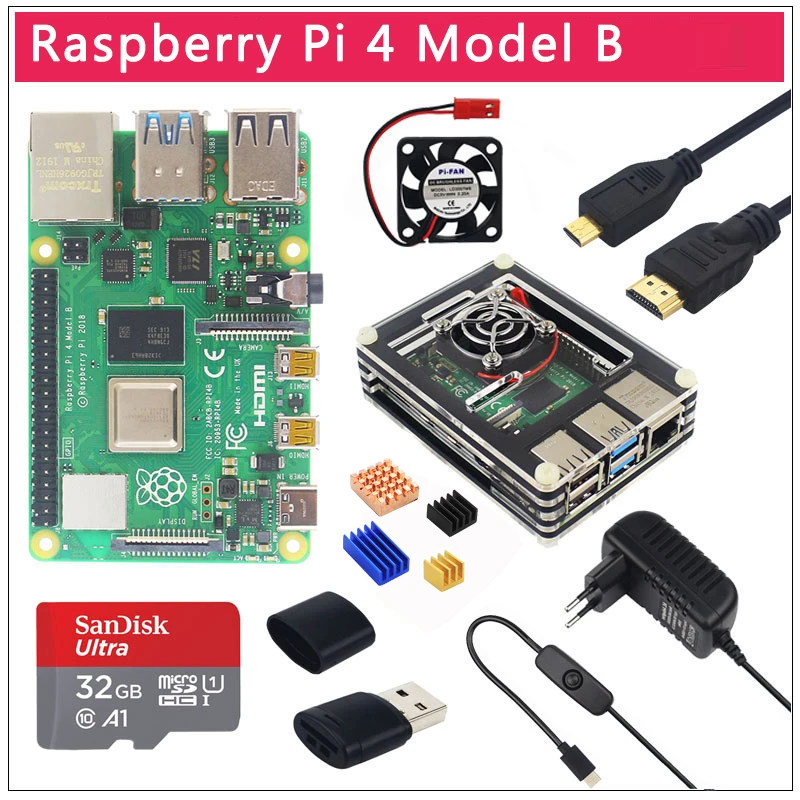 UK Raspberry Pi 4 модели B 1/2/4GB Оперативная память BCM2711 вариант Чехол | SD картой памяти на 32 Гб | переключатель Мощность | Micro HDMI | 9 Слои Чехол | вентилятор