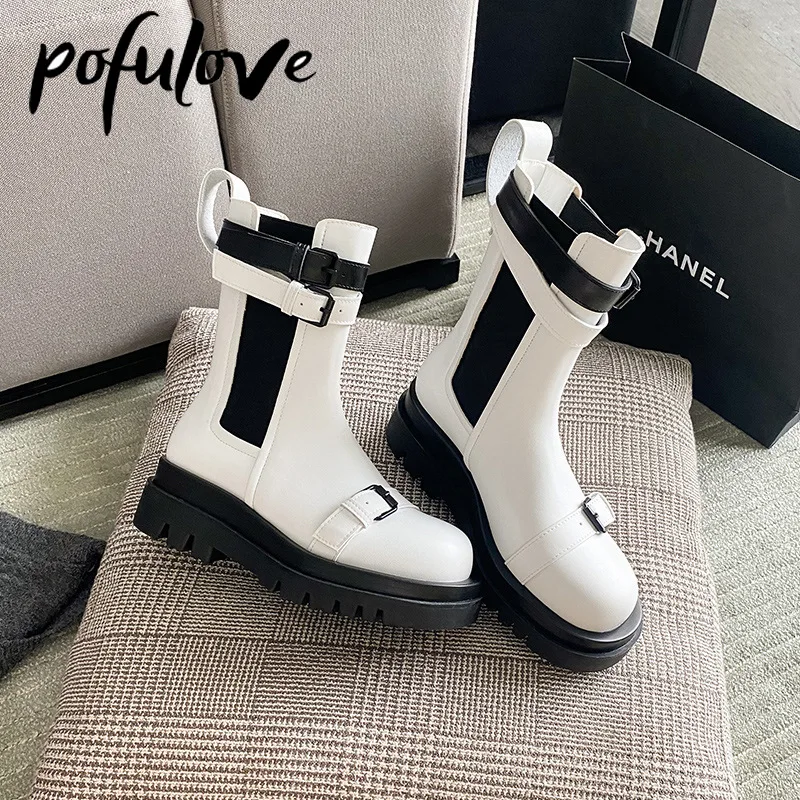 

Pofulove Boots Women Black White Genuine Leather Boots Platform Shoes Goth Punk Ankle Booties Fashion Chelsea Botas Woman Shoes