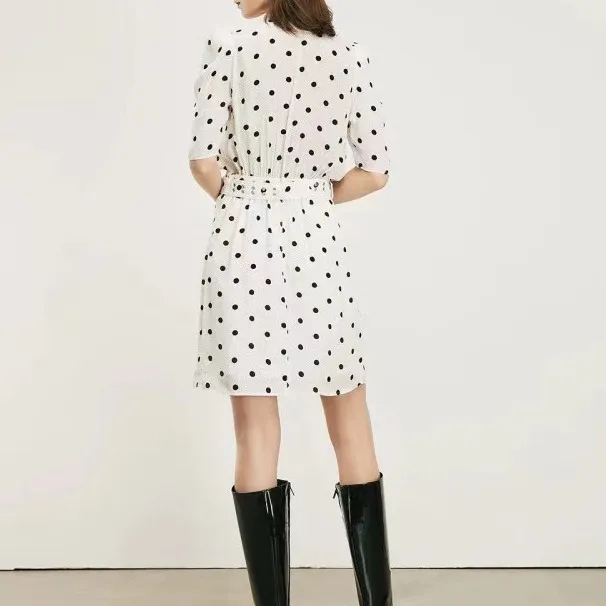 

2021 Spring/Summer New Fashion V-neck Short Sleeve Retro Waist Thinning Polka Dot Printed Wild Belt Dress