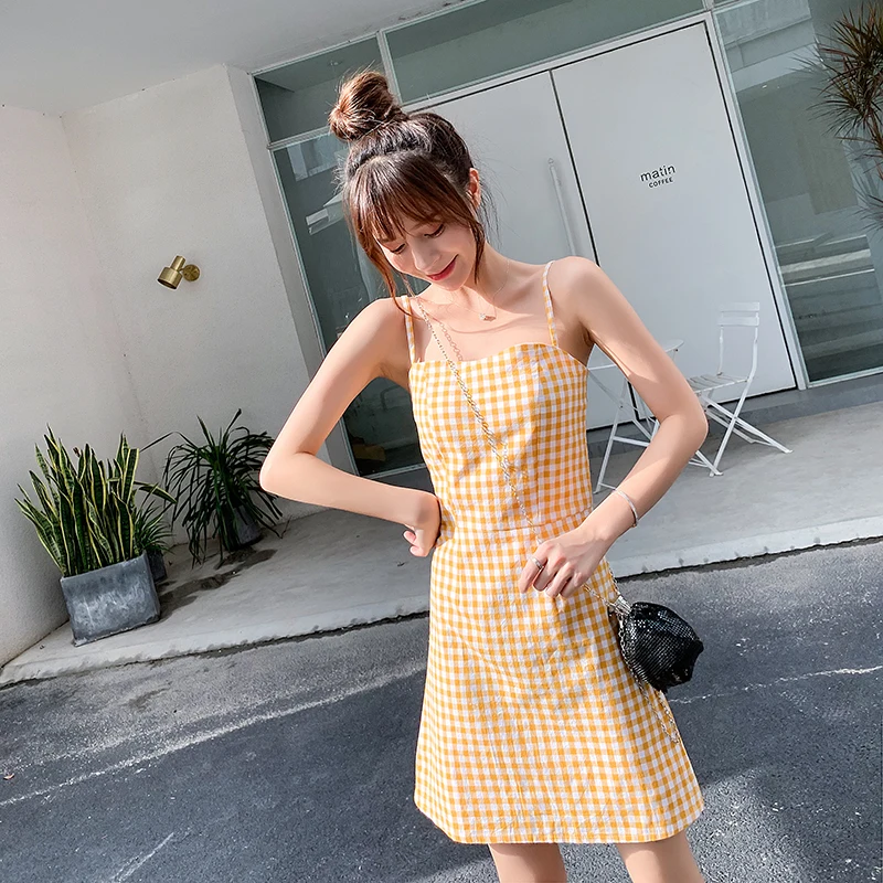 EAD Summer New Retro Sexy Plaid Sling Dress Female Temperament Elegant Slim Vacation Beach Mini Fashion Wild Plus Size | Женская одежда