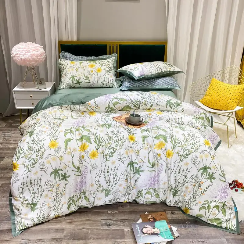 

50 Silk reactive printed Luxury Bedding Set pastoral leaf pattern Duvet Cover Flat Sheet Bed Linen Double Queen King For Adult