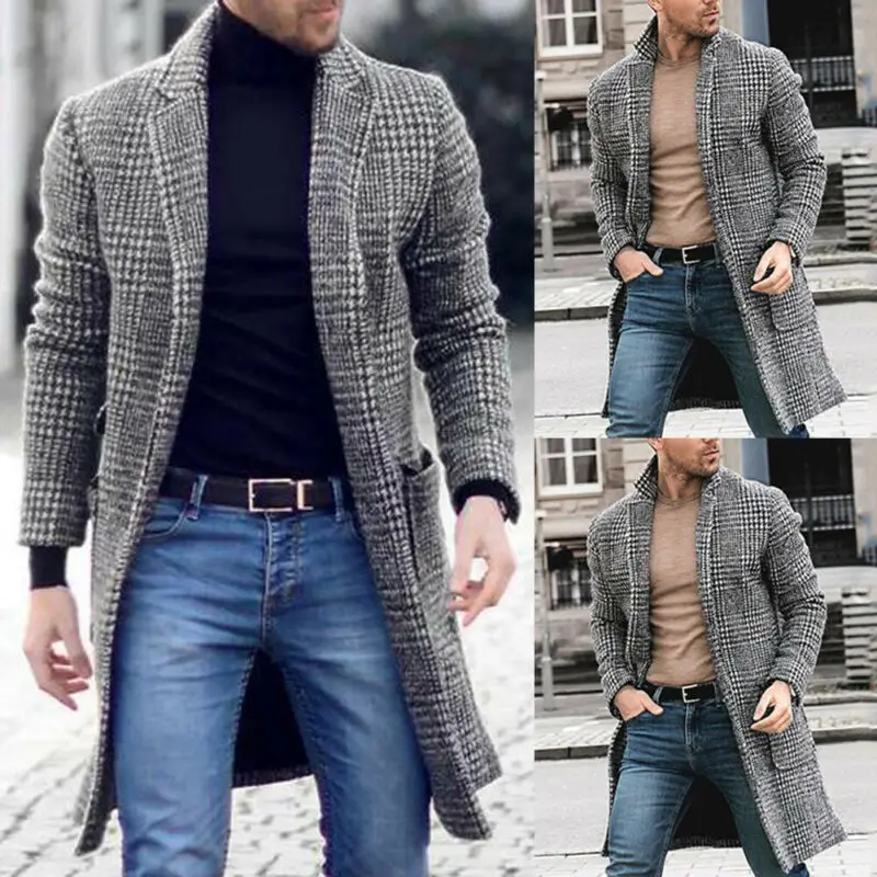 

Men's British Casual Wool Plaid Trench Jacket Outwear Long Overcoat Coat Winter Warm Gentlemen
