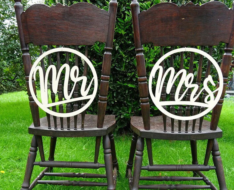 Señal de silla de madera Mr Mrs, decoración rústica de boda, utilería de foto de boda, señal de decoración de fiesta, 2 uds.