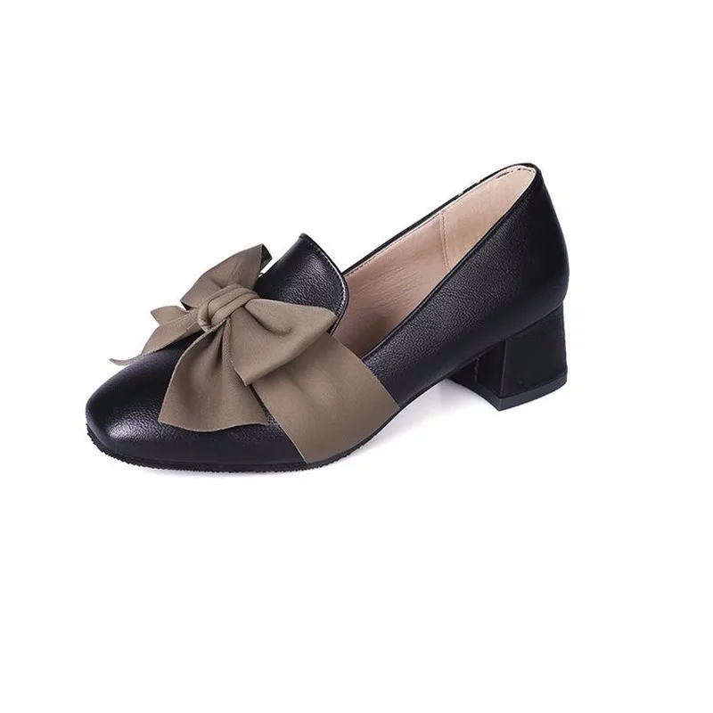 

2020 Autumn Spring New Casual Shoes Woman Pumps Square Toe High Heels Bow Knot Fashion Slip on Solid Leather Oxford Women Shoes
