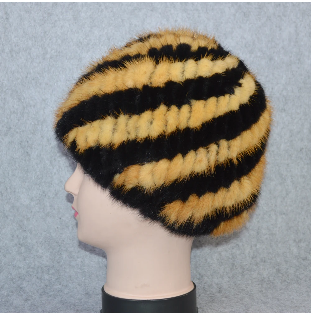 Cotton Lining Winter Lovely Real Mink Fur Hat Women Good Elastic Knitted Real Natural Mink Fur Beanies Caps Real Mink Fur Cap