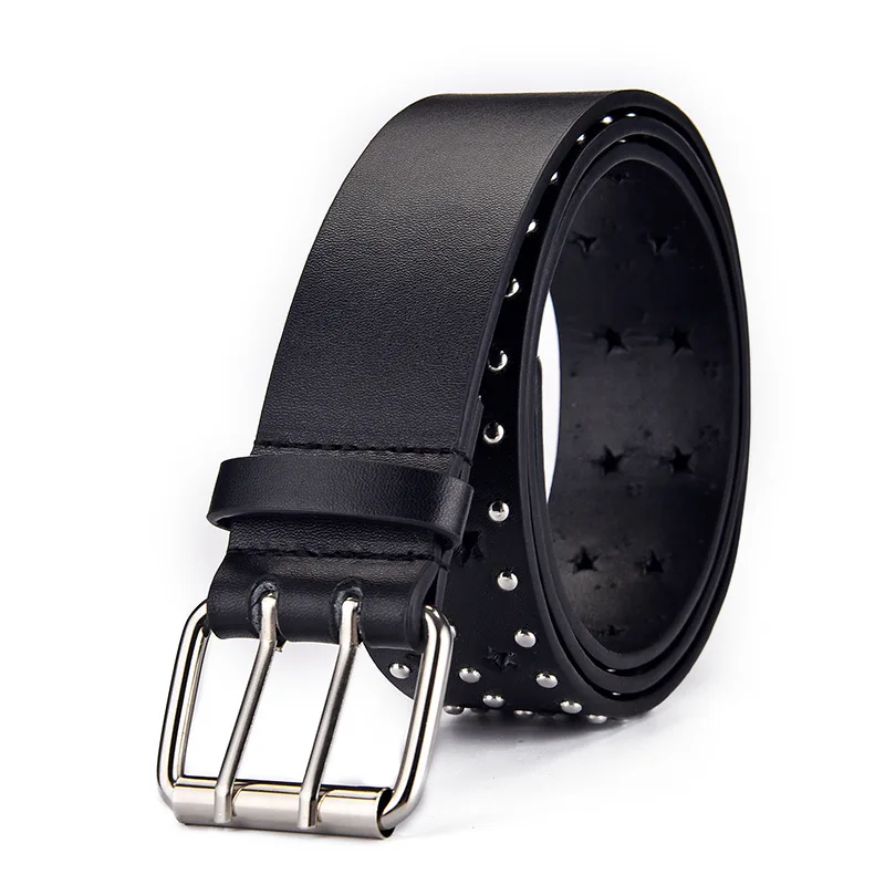 

PU Leather Woman Belts Hollow Star Geometric Rivet Double Pin Buckle Belt European Fashion Belt Vintage Waist Belts For Jeans