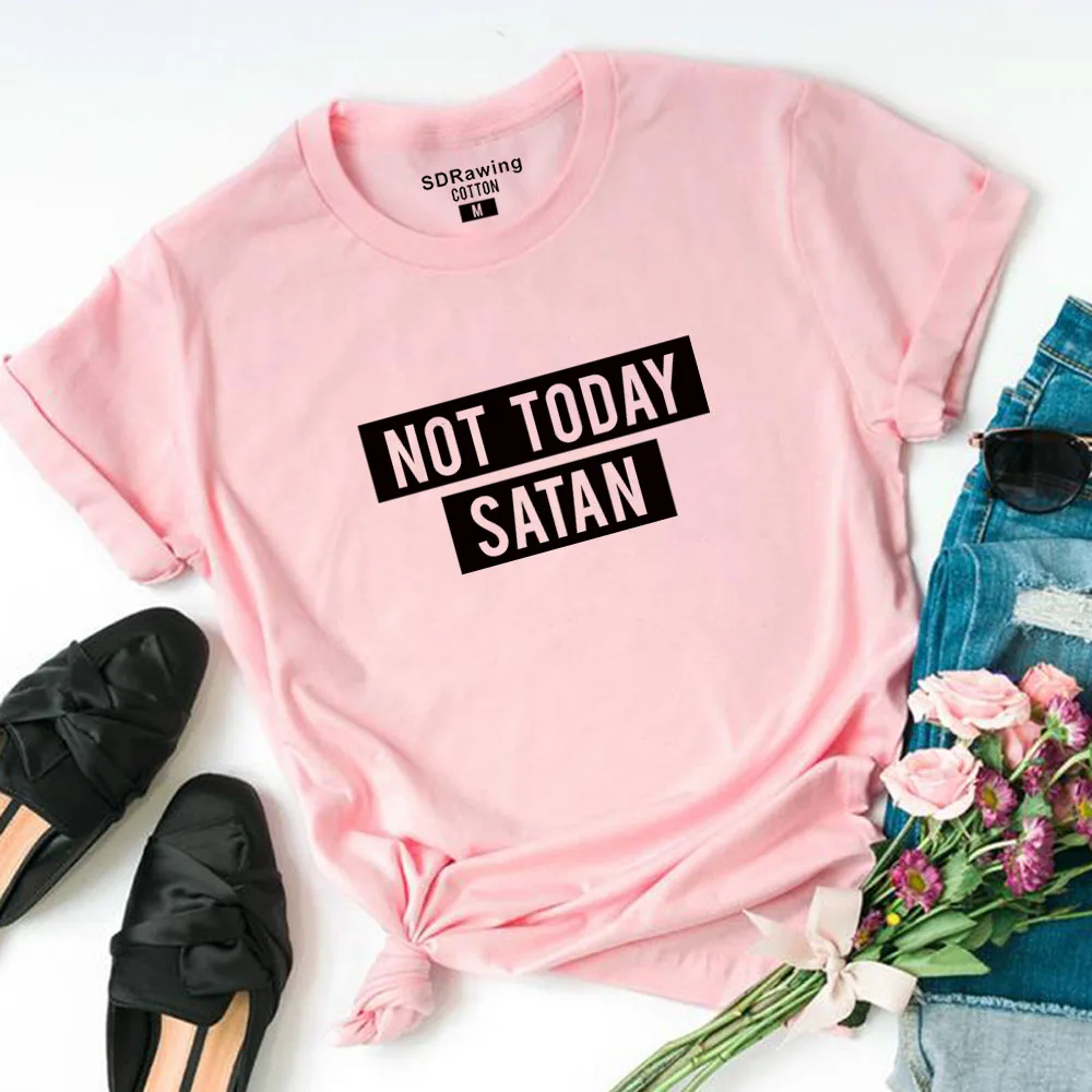 pink Harajuku Not Today Satan футболка с буквенным принтом, забавная графическая футболка, базовые тренировочные топы, сатана, не сегодня, футболки, Прямая поставка - Цвет: pink