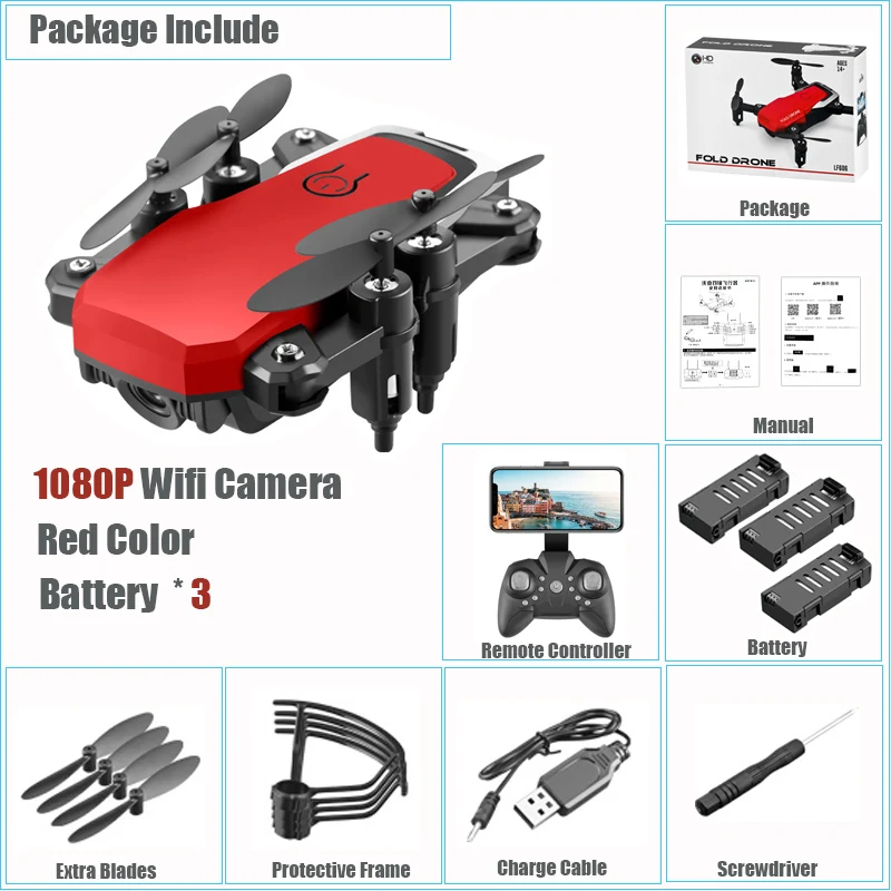 3 Bat 1080P Red Мини-Дрон 4K HD камера Wifi Трансмиссия квадрокоптера в реальном времени один ключ возврат RC вертолет Безголовый режим складной Дрон игрушки - Цвет: 3 Bat 1080P Red