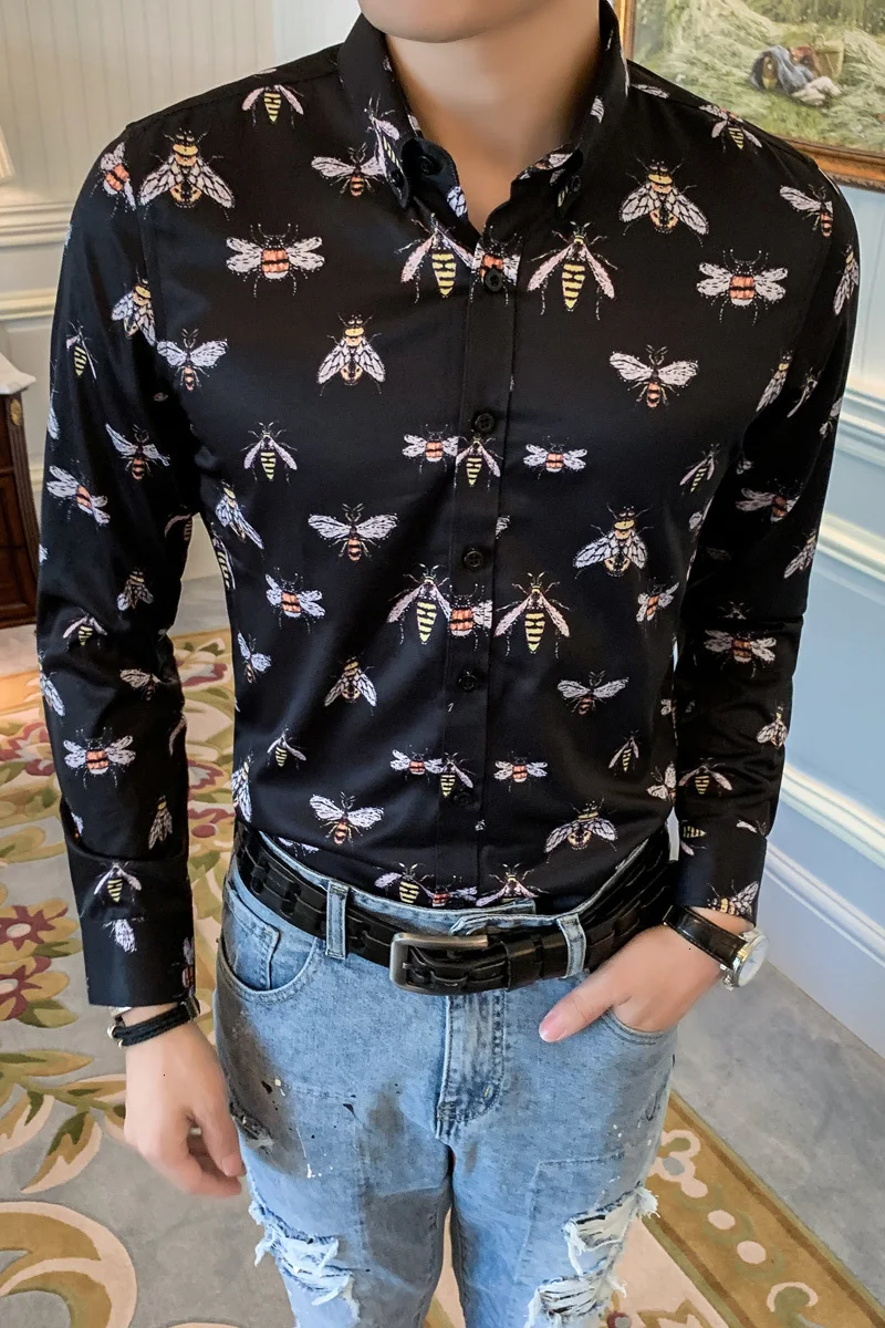 Рубашка мужская с длинным рукавом на пуговицах принтом пчелы | Мужская одежда
