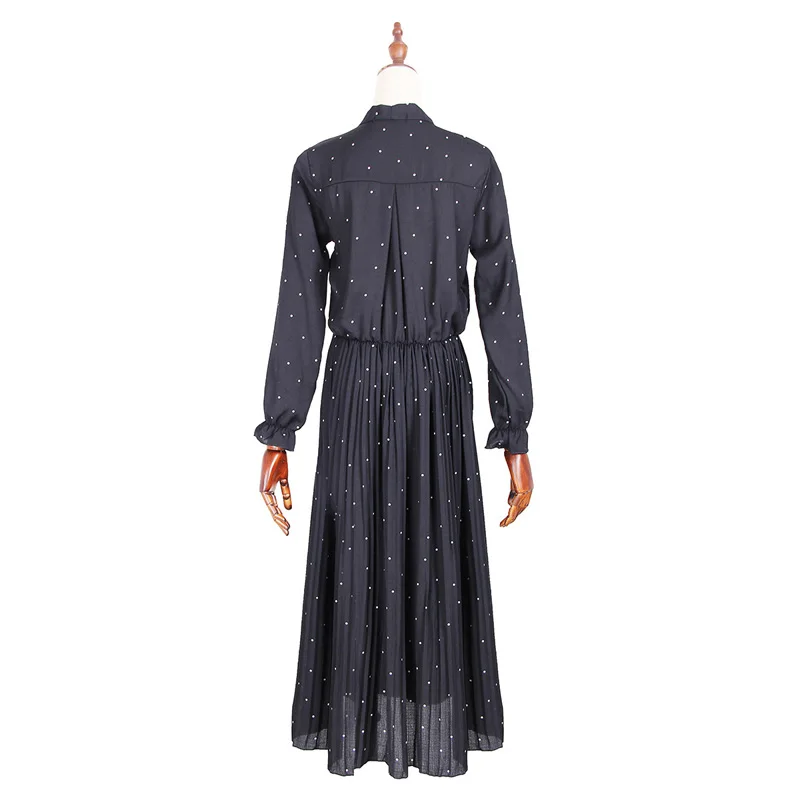 LERFEY женское осеннее весеннее платье с бантом длинным рукавом в горошек Черное