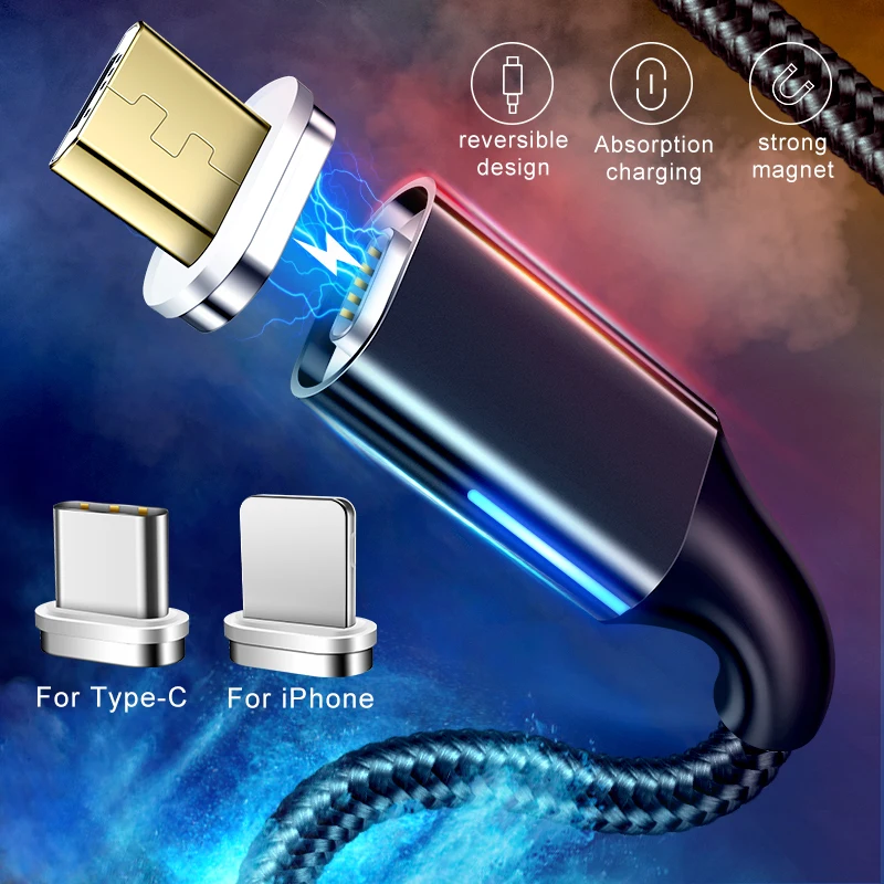 Магнитный кабель GETIHU 2 м 3A Micro USB Type C светодиодный магнитный для быстрой зарядки и
