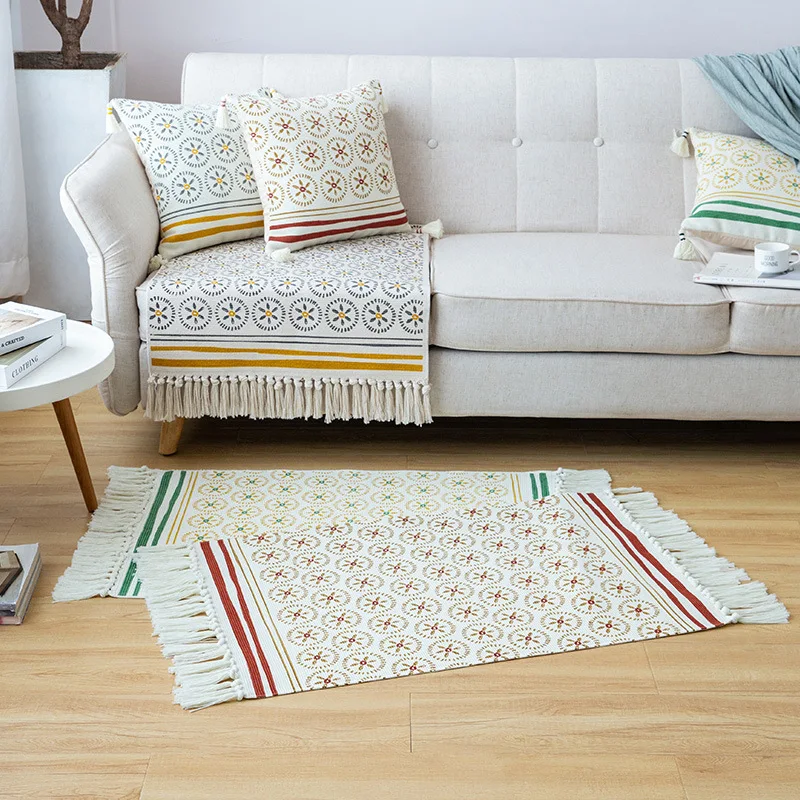 Хлопковый Плетеный Ковер кремовый богемный тряпичный коврик моющийся