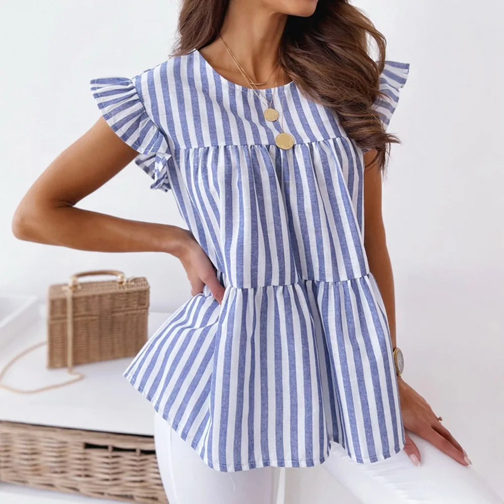 

Fashion Ruffles Striped Tops And Blouses Women Short Sleeve Office Lady T-shirt Fashion Blouse Ladies Streetwear Blusas Mujer