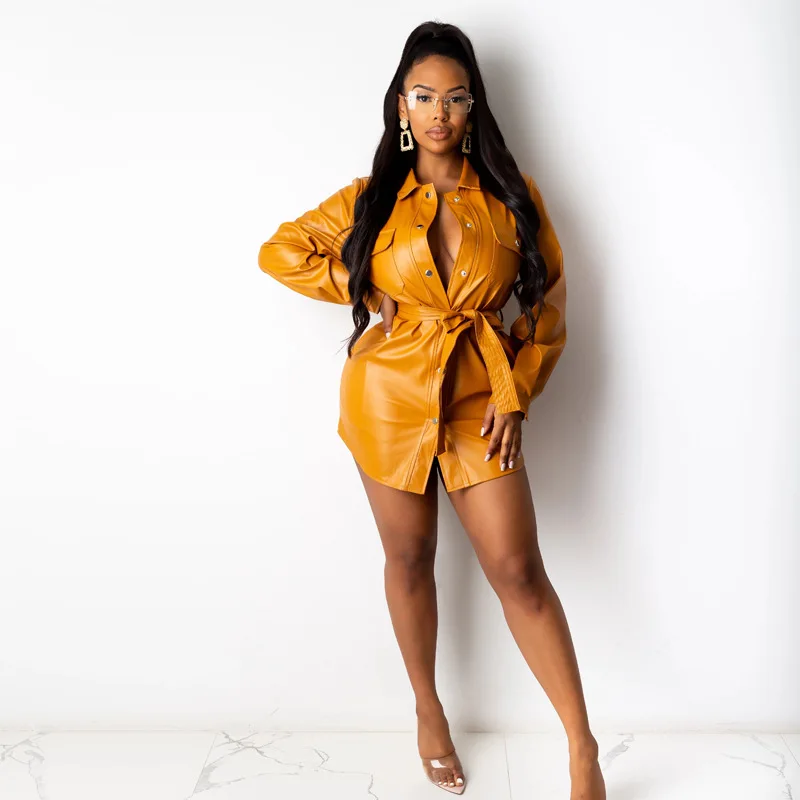 Long-sleeved lapel waist PU leather dress women's 2021 autumn and winter new leather ladies jacket