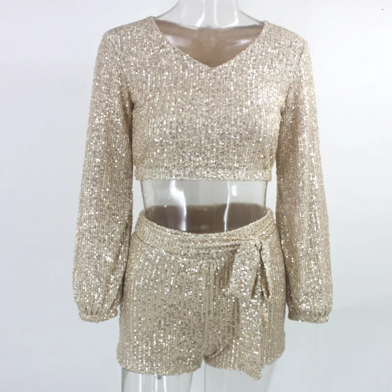 Fuedage Sequins сексуальный комплект из двух предметов Блестящий сверкающий топ и штаны женский комплект 2 шт. с пышными рукавами и v-образным вырезом женские комплекты из двух предметов