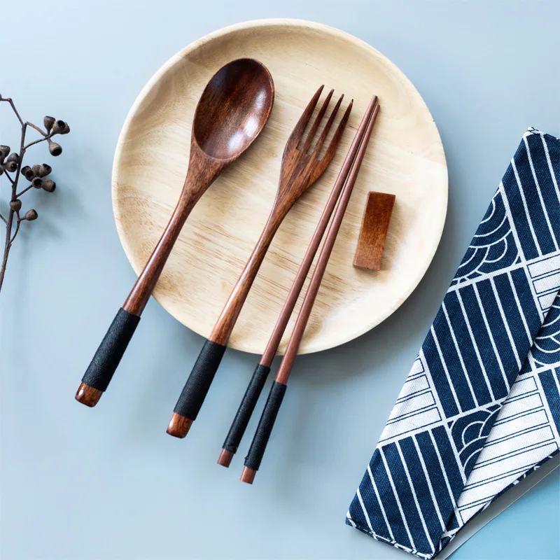 

Wooden Japanese and Korean Cloth Bag Chocolate Tableware Set Spoon Fork Chopsticks Three-piece Kitchen Tool