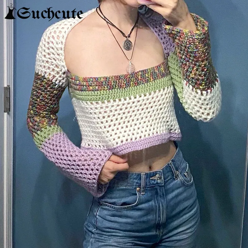 

SUCHCUTE Patchwork Women Sweaters Square Collar Casual Slim Long Sleeve Knitted Cropped Tops Ladies Harajuku Vintage Clothes