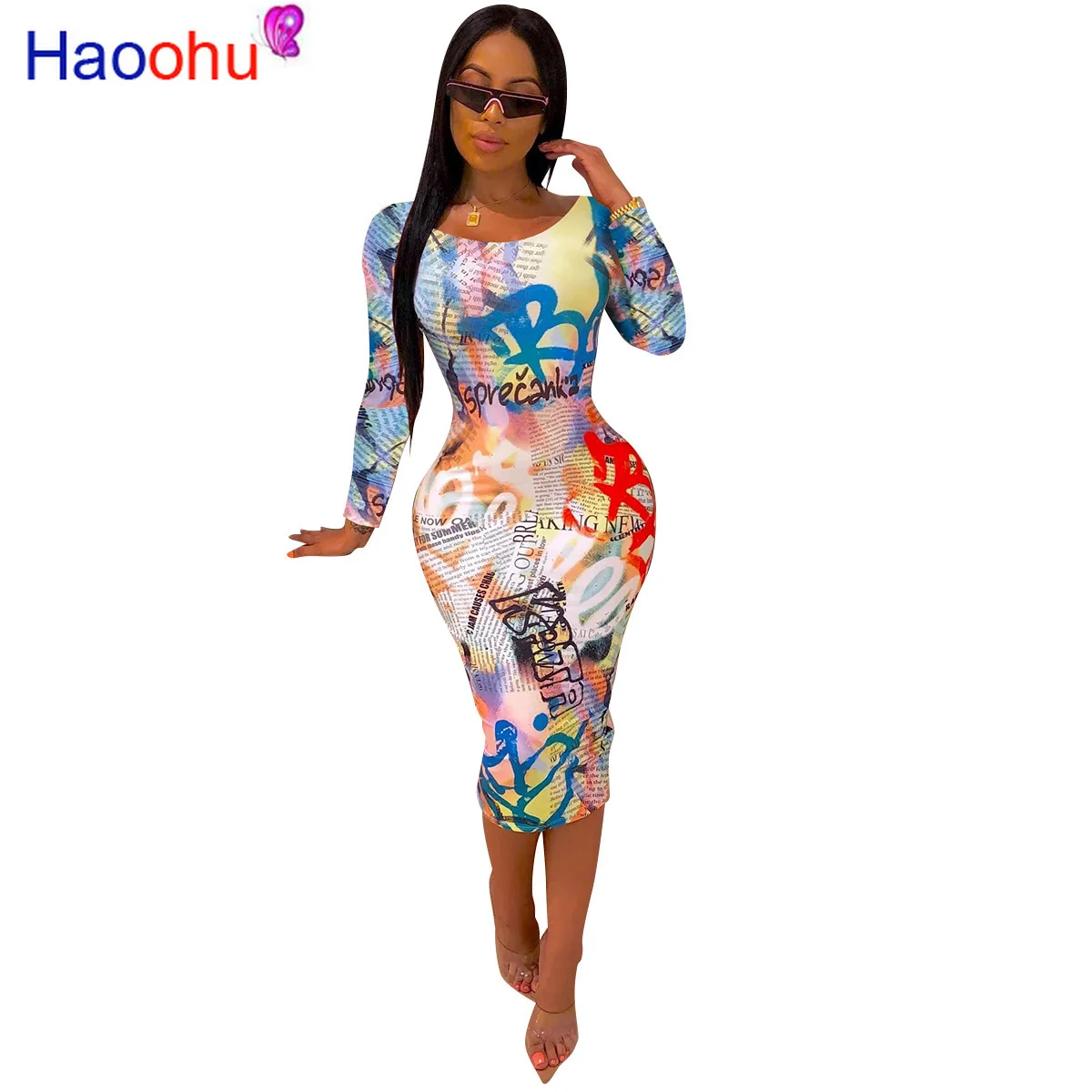 

Letter Print Sexy Long Bandage Dress Women Scoop Neck Long Sleeve Bodycon Dresses Fall High Waist Skinny Night Club Party Dress