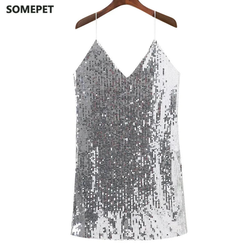 

Deep V Neck Autumn Silver Sequined Backless Sexy Dress Women Off Shoulder Mini Dress Christmas Party Club Strap Dresses Vestidos