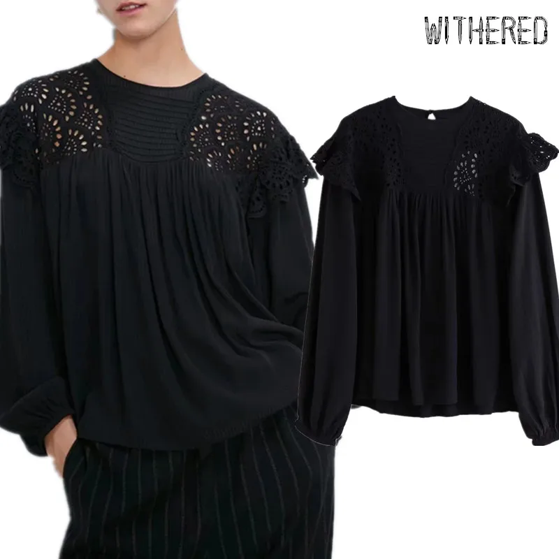 Withered new england elegant simple Lace splicing shirt women blusas mujer de moda shirt womens tops and tshirt plus size
