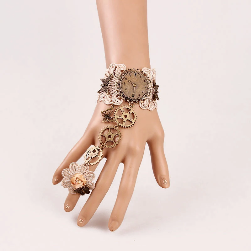 

New Gothic White Lace Vintage Bracelet With Ring Gear Clock Women's Butterfly Decorative Stage Performance Accessories Halloween
