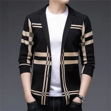Luxo novo designer de alta qualidade da marca casual moda xadrez fino ajuste dos homens de malha blazer suite jaqueta elegante roupas dos homens 2021 (3)