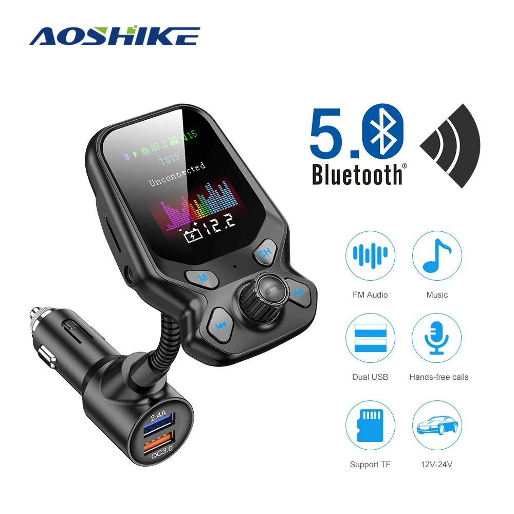 AOSHIKE Bluetooth 5 0 автомобильный комплект гарнитура FM передатчик AUX аудио приемник 1 8