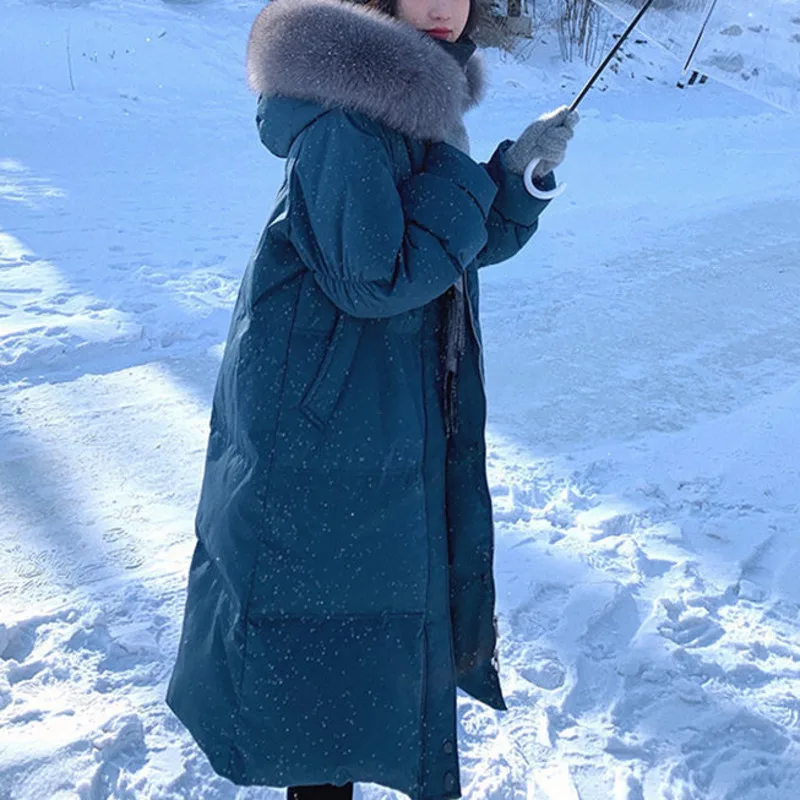 

White Duck Down Jacket Women's Big Real Fur Collar Hat Long Loose Thickened Office Lady Warm Elegant Fashion Solid Down Coat