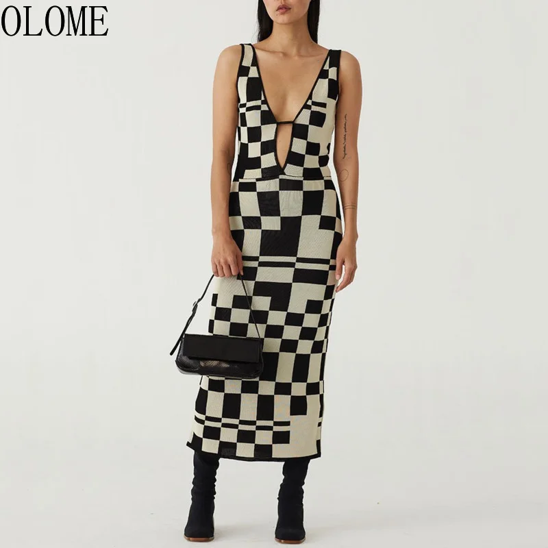 

OLOME Women's Knitted Dress Sexy Party Dresses Backless Plaid Print Spaghetti Strap Hollow Out Vestidos Summer Women Dresses