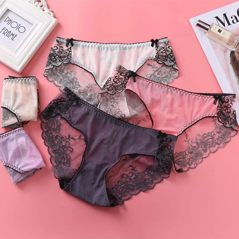

3-piece Women's Underwear Sexy Low Waist Embroidery Lace Underwear Transparent Mesh Briefs Underwear Women