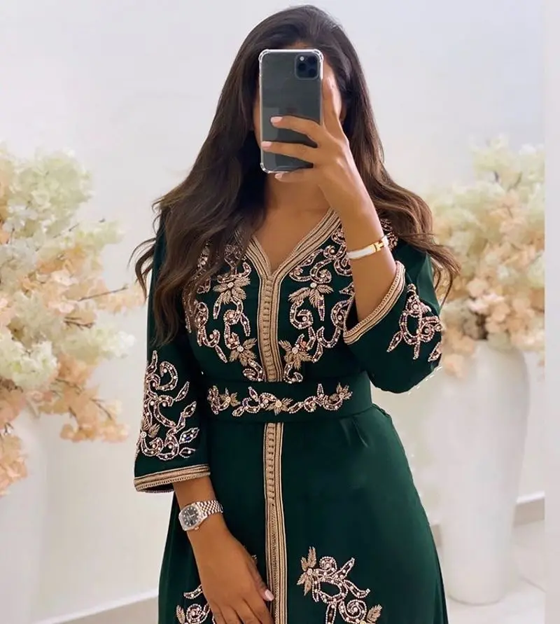 

Green Moroccan Kaftan Formal Evening Dress Three Quarter Sleeves Muslim Party Dress Lace Beaded Dubai Special Occasion Dresses