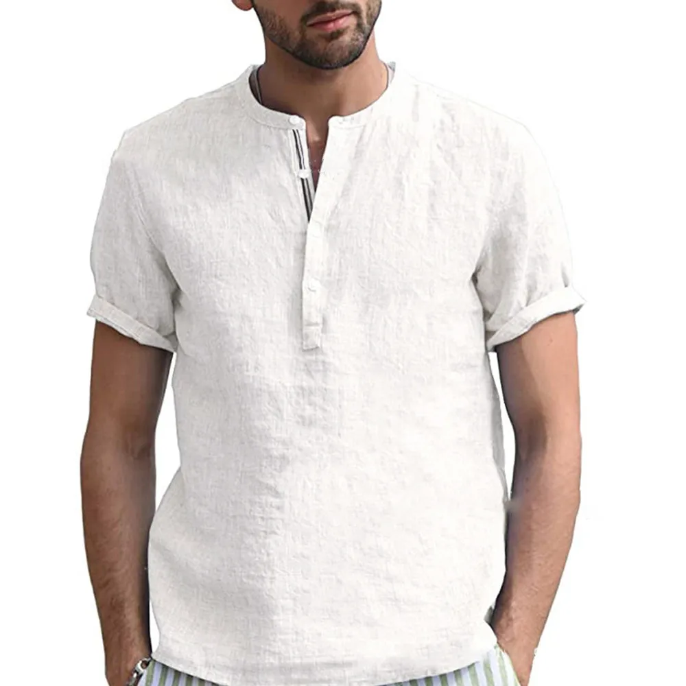 

2021 New Mens Spring Summer Casual Shirt Short Sleeve Cotton Linen Shirts Men Loose Collar Button Shirt Fashion Chemise Homme