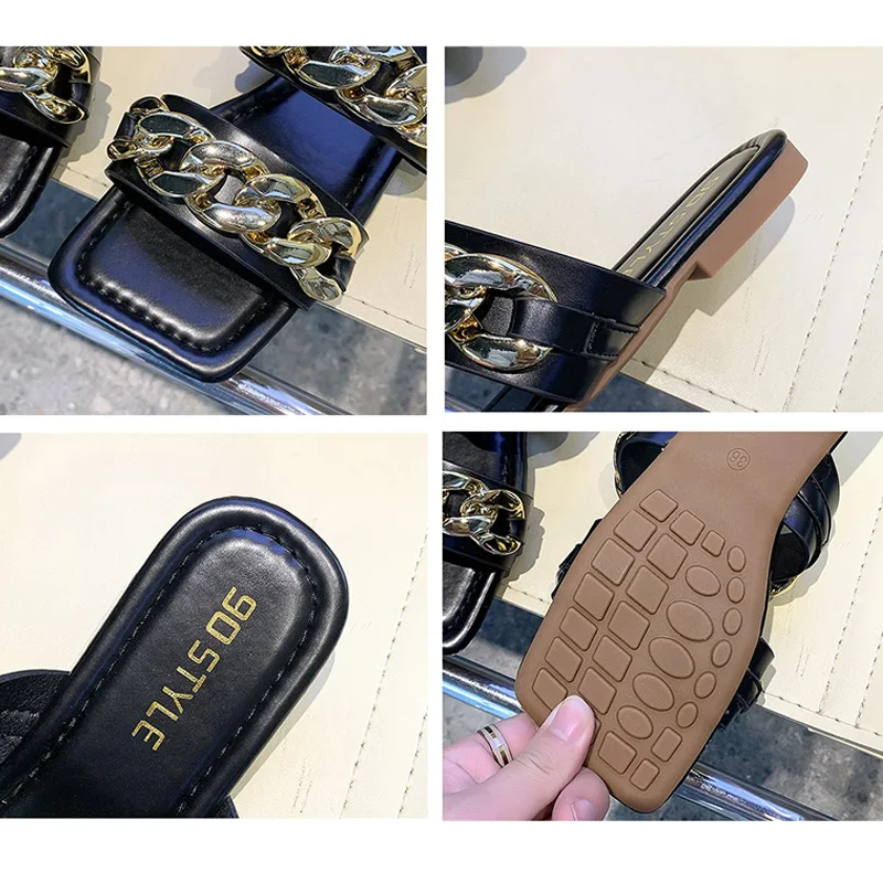 

Women Shoes Slippers For Home Female Flats Rubber Slippers Women Flip Flop Metal Decoration Slides 2021 Women Summer Footwear