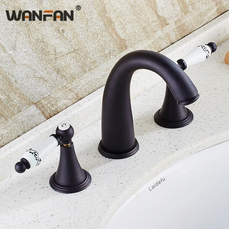 Смеситель для раковины в стиле ретро черный кран с двойной ручкой и тремя