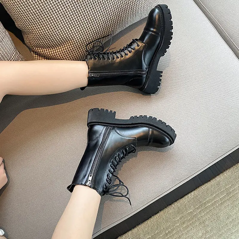 

Женские ботильоны из искусственной кожи новинка осень-зима 2021 мотоциклетные ботинки на шнуровке женские ботинки в британском стиле женски...