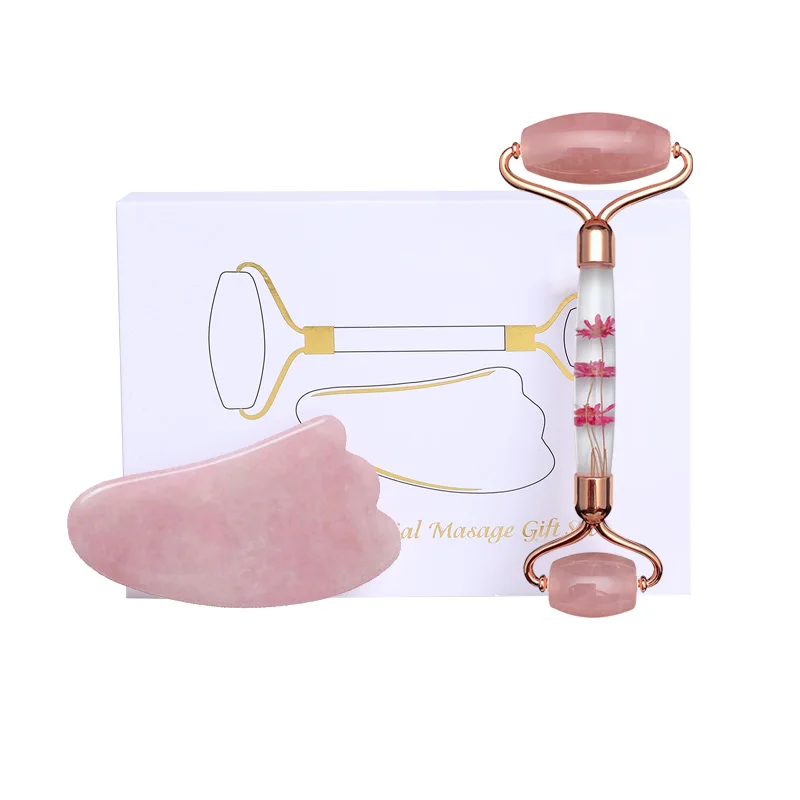 Набор для массажа лица гуашь розовый КВАРЦЕВЫЙ нефритовый ролик и массажер гуаши