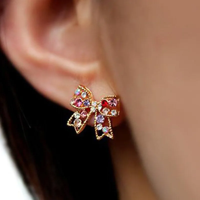 

Trendy Simple Women Stud Earrings Colorful Rhinestone Butterfly Knot Wedding Ear Jewelry