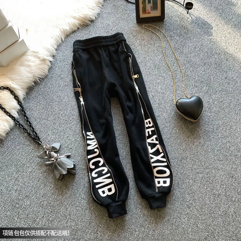 

HOUZHOU Sweatpants Women Zipper Velvet Pants with Print Jogger Winter Plus Size Pants on Fleece Fashion Black Sports Pants