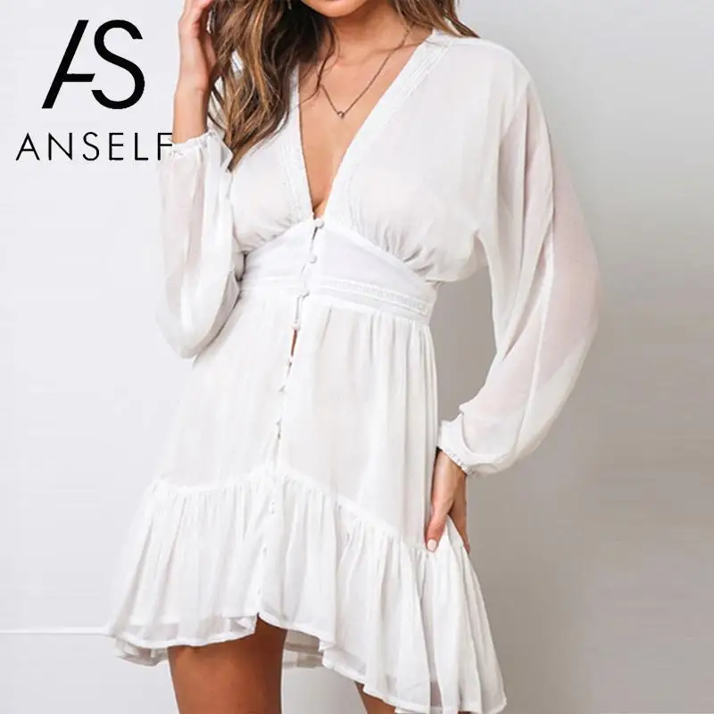 Женское вечернее мини платье с V образным вырезом и длинным рукавом|Женские