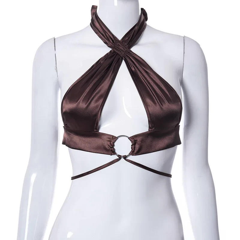 

Fashion y2k Brown Halter Tops Women Backless Skinny Camisole Korean Harajuku 90s Clubwear Crop Shirts Vintage Cuteandpsycho