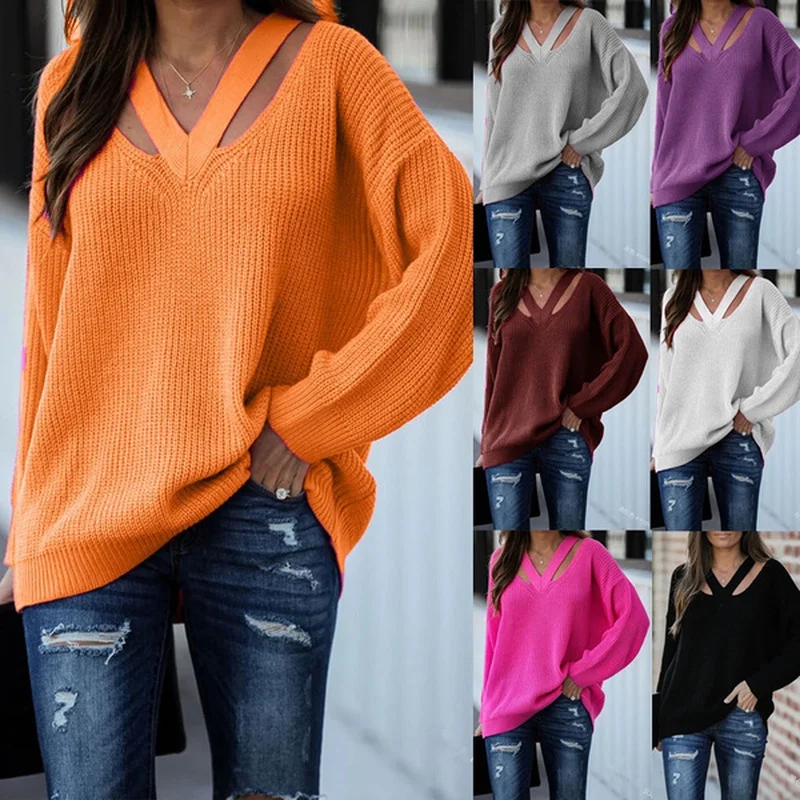 

Sweater Women Fashion Casual Solid Color Long Sleeve V-neck Hollow-out Pullover Sweaters Female Oversize Female Pullovers