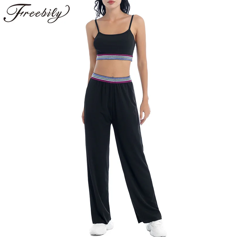 

Black Women Yoga Set Summer Casual Sport Suits Running Fitness Outfits Spaghetti Straps Backless Cropped Top and Loose Pants Set