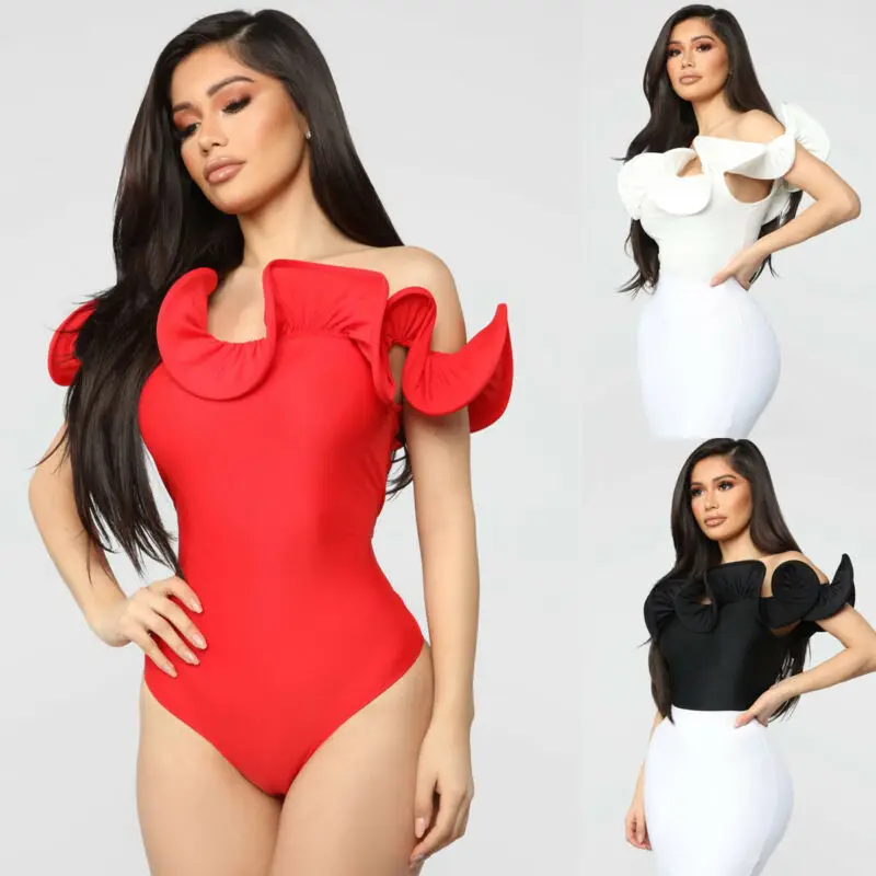 Sexy Ladies Women Elegant Romper Top Bodysuit Slim Off Shoulder Ruffle Solid Red Black White Jumpsuit Bodycon Playsuits | Женская одежда