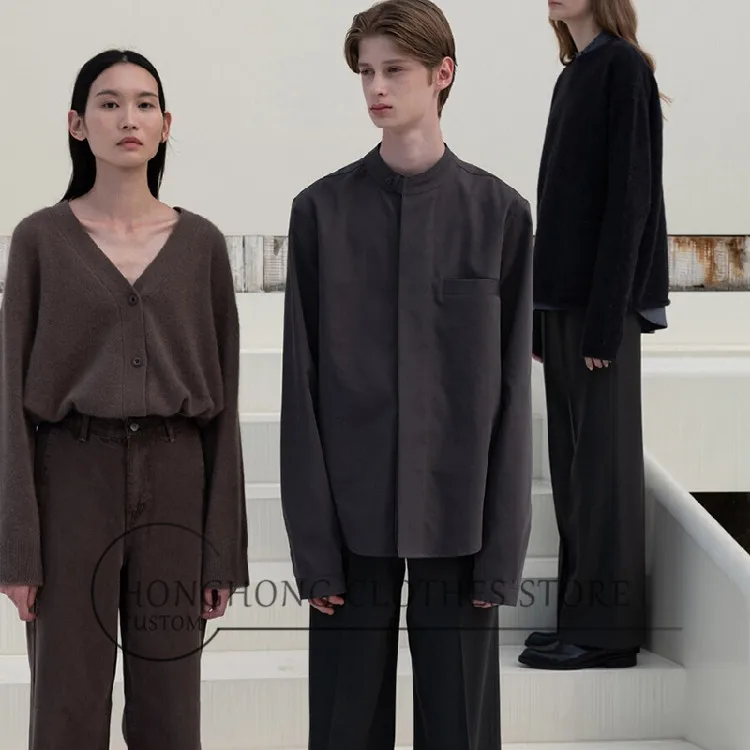 

[custom] Simple minimalism stand collar loose ultra-long sleeve Korean shirt new design plus-size men