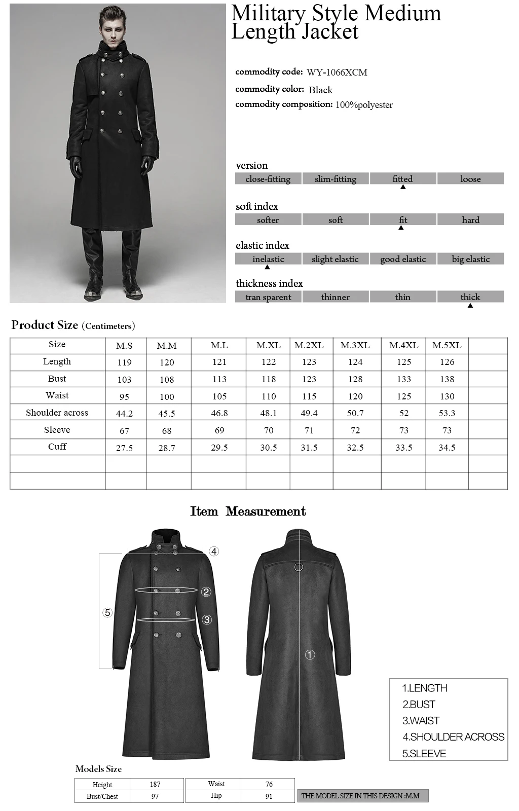 

PUNK RAVE Men's Punk Military Style Medium Length Jacket Woven Velvet Fabric Handsome Fashion Mens Winter Long Trenchcoat