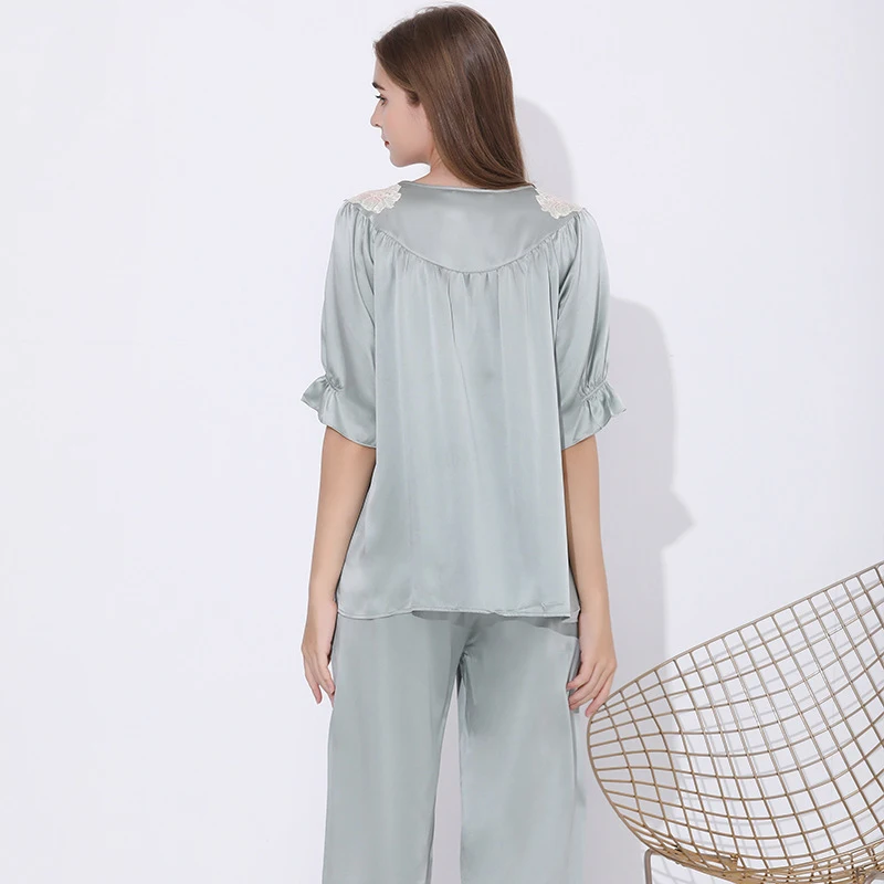 Maison Gabrielle 100% Mulberry Silk Lace-Trimmed Pajamas Set Short-Sleeve 2-Piece Set Loungewear For Women